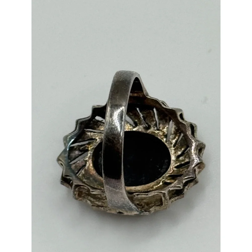 Sterling Silver Onyx Marcasite Oval Ring Size 8